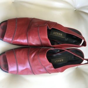 Bally deep-red peep-toe slings with ~2" heels